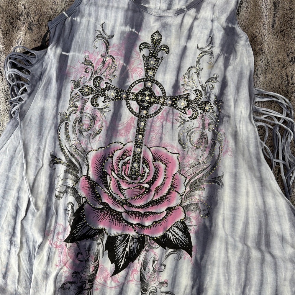 Vocal Gray Tie Dye Embellished Cross Pink Rose Tunic Dress Sleeveless USA Medium - Picture 2 of 8